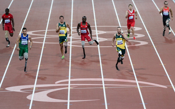 The closing stages of the London 2012 T44 200m, after which silver medallist Oscar Pistorius accused gold medallist Alan Oliveira of using blades unfairly lengthened @Getty Images
