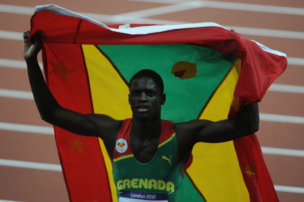 Kirani James celebrating Grenada's first-ever Olympic medal after his victoy in the 400 metres at London 2012 ©Getty Images