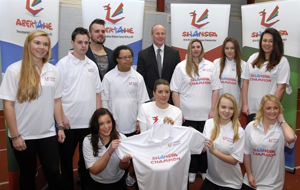 Paul Thorburn, Aled-Sion Davies and Josie Pearson with the first Swansea 'Champions' to sign up including volunteers from the Young Ambassadors programme and Special Olympics GB ©Swansea 2014