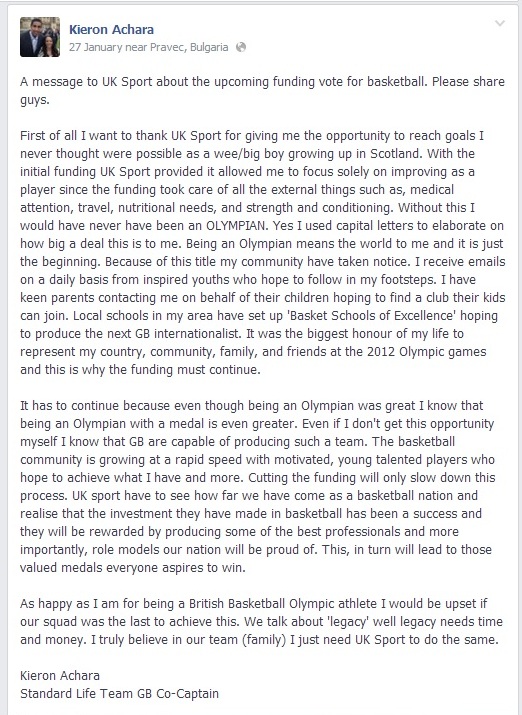 Players have taken to social media to urge UK Sport to continue their funding of British Basketball ©Facebook