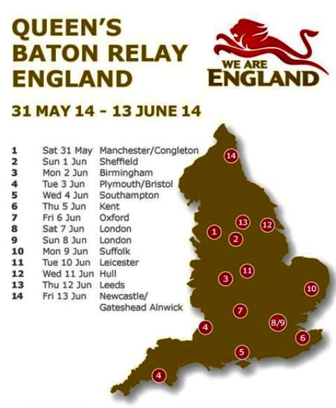 The Queen's Baton will visit 14 locations on its two-week Relay around England ©Commonwealth Games England