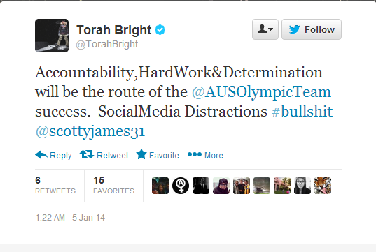 Torah Bright makes her criticism known...via the means that will be partially banned in Sochi ©Twitter