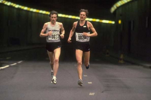 Dick Beardsley and Inge Simonsen in the closing stages of the first London Marathon in 1981, which they jointly won. Dave Bedford finished further down the field after turning up at short notice after a night's drinking. ©Getty Images