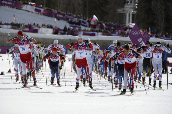 Athletes on the startline for the men's 50km mass start cross country ©AFP/Getty Images