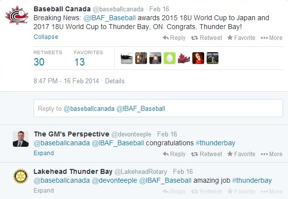 Baseball Canada was awarded the 2017 Under-18 Baseball World Cup and have announced Thunder Bay as the official host city via social media network Twitter ©Twitter