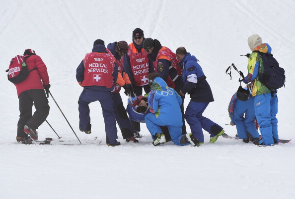 Canada's Yuki Tsubota is carried away on a stretcher after a slopestyle crash ©AFP/Getty Images