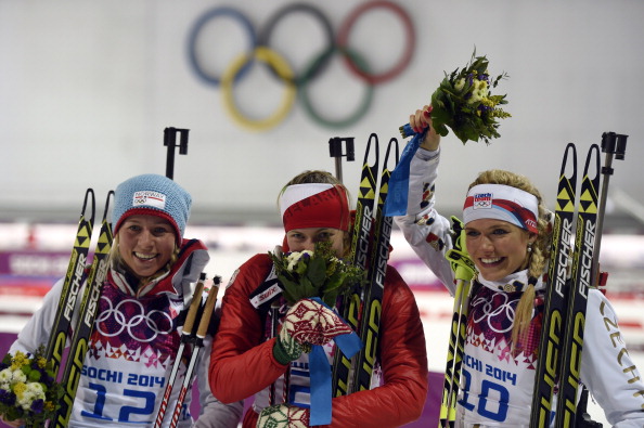 Darya Domracheva of Belarus becomes the first triple gold medal winner of Sochi 2014 ©Getty Images