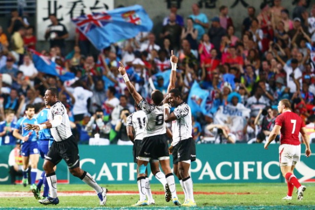 Fiji celebrate their win in last year's Hong Kong Sevens Cup final against Wales ©Getty Images 