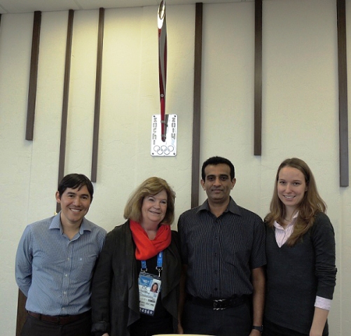 Gunilla Lindberg (second from left) meets the three ANOC scholars at RIOU: Jorge Mario Marroquín Menéndez (left) Llanga Pathirathnalage Wijeratne (centre right) and Evelyn Hopp (right) ©ANOC