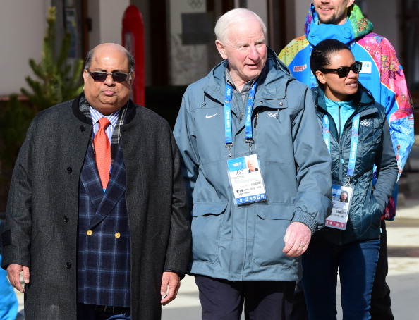IOA President Narayna Ramachandran and IOC Executive Board member Patrick Hickey arrive for the Indian flag raising ceremony at the mountain Olympic Village of Rosa Khutor  ©AFP/Getty Images