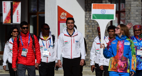 Indian athletes marched behind their own flag during a special ceremony at the Sochi 2014 Olympic Village ©AFP/Getty Images