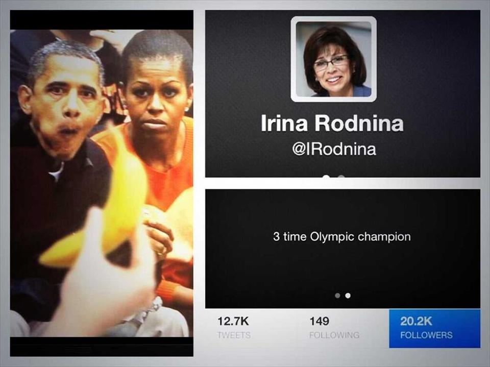A tweet of Barack OBama and his wife Michelle looking at a banana posted by Irina Rodina was deleted just hours before she lit the Olympic Flame at Sochi 2014 ©Twitter