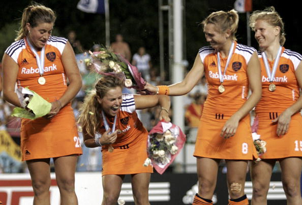 Janneke Schopman (right) led The Netherlands to the Champions Trophy in 2004, 2005 and 2007 ©AFP/Getty Images