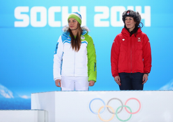 Tina Maze and Dominique Gisin shared the women's downhill Olympic title ©Getty Images