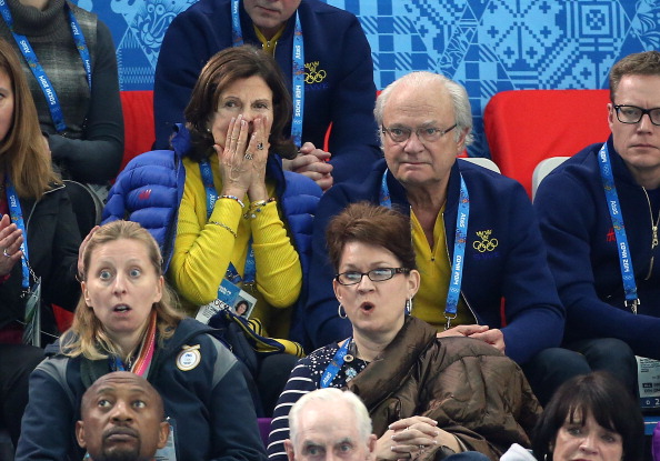 King Carl XVI Gustaf of Sweden and Queen Silvia of Sweden cheer on their men's curling team as they beat Russia 8-4 ©Getty Images