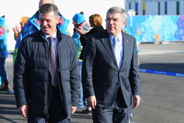 Kozak, pictured with IOC President Thomas Bach earlier this week, would not confirm the validity of "toothpaste bomb" allegations ©Getty Images