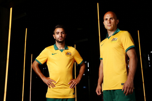 Mark Bresciano (right) and Michael Zullo were joined by Socceroos legends from the 1960s onwards at the launch of the new kit in Walsh Bay, Sydney ©Getty Images