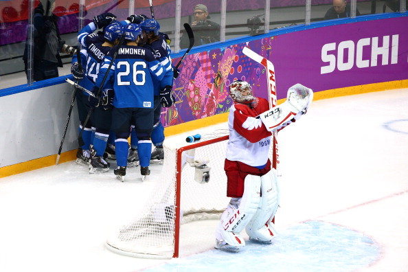Mixed emotions in the ice hockey as Finland celebrate taking the lead over Russia ©Getty Images