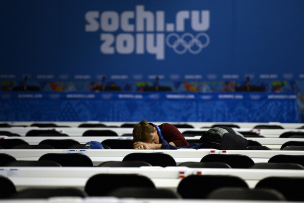 One journalist gets a few minutes rest in the Rosa Khutor Press Centre ©AFP/Getty Images