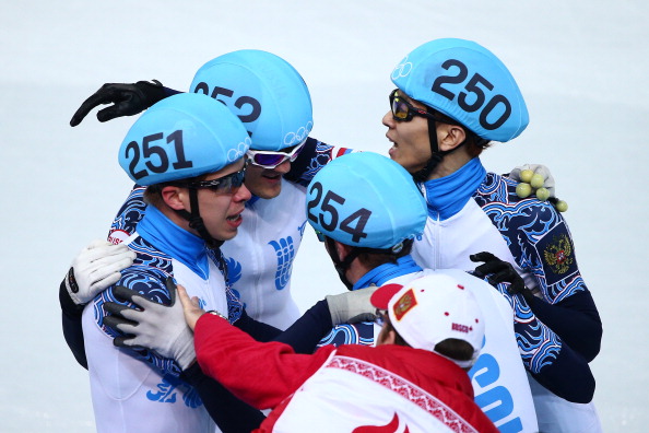 Russia celebrate their 5,000m short track relay triumph ©Getty Images
