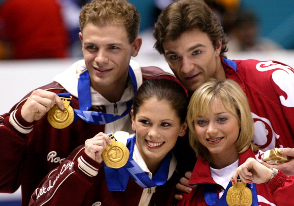 Russian and Canadian pairs were each awarded gold medals at Salt Lake City 2002 ©Boston Globe/Getty Images