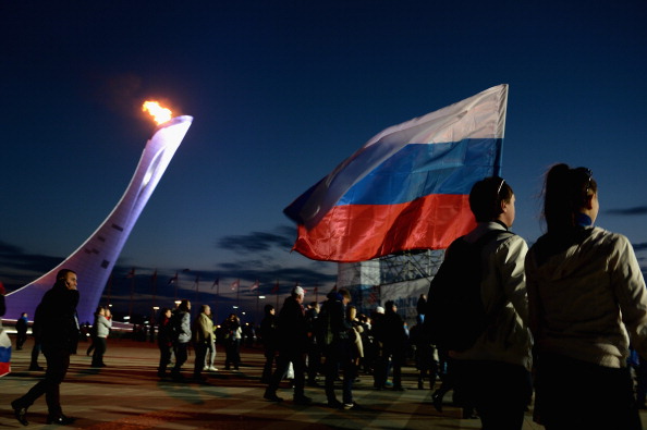 Russian fans in front of Sochi 2014 cauldron