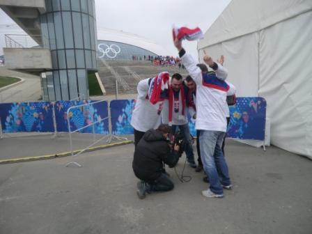 Slovakia fans perform a national chant for a television crew ©Philip Barker