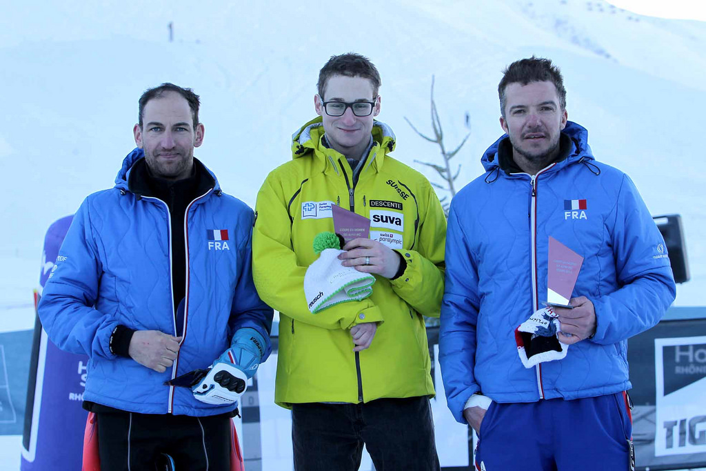 Switerland's Thomas Pfyl led French skiers Romain Riboud and Cedric Amafroi-Broisat to secure gold in the men's standing class ©Gregory Picout