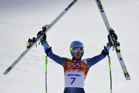 Ted Ligety celebrates after his historic giant slalom victory for the US ©AFP/Getty Images