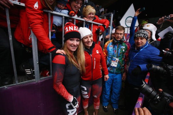 The Canadians celebrate after realising they had won the bobsleigh gold medal ©Getty Images