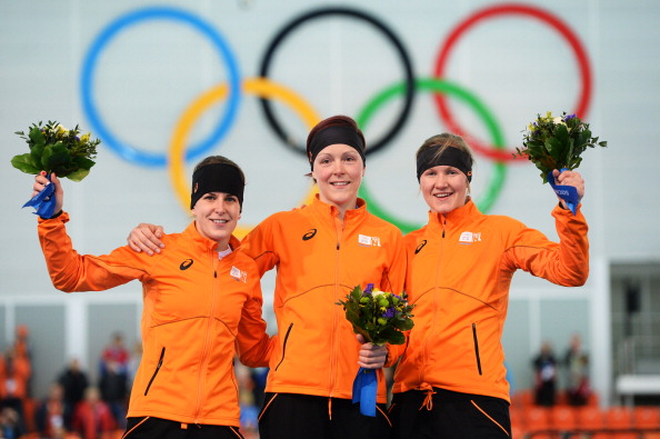 The Dutch celebrate another sweep in the speed skating to rise to second on the medals table ©AFP/Getty Images