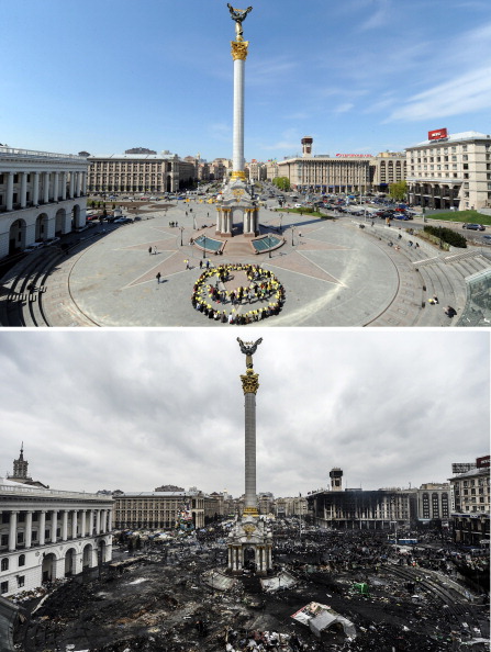 The International Gymnastics Federation said it hopes Ukraine "may recover its calm and serenity as soon as possible". Pictured here is a before and after of Kyiv's Independence Square ©AFP/Getty Images