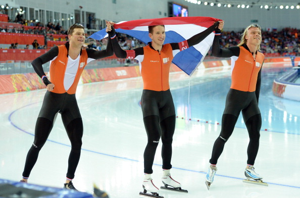 The Netherlands celebrate yet more speed-skating gold in the men's team pursuit ©AFP/Getty Images