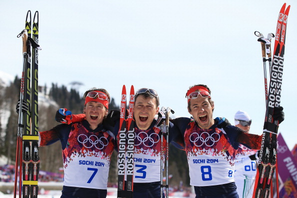 Russia celebrate after a clean sweep of the podium ©Getty Images