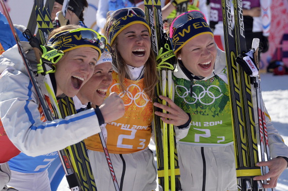 The ecstatic Swedeish quartet celebrate their thrilling gold medal ©AFP/Getty Images