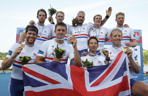 The winning crew of Daniel Ritchie, Tom Ransley, Alex Gregory, Pete Reed, Mohamed Sbihi, Andrew Triggs Hodge, George Nash, William Satch and Phelan Hill that earned Britain its first world title in the men's eight last summer ©Getty Images