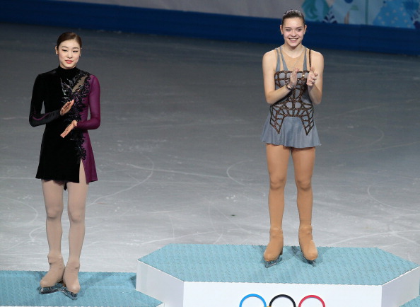 Yuna Kim and Adelina Sotnikova following the conclusion of the ladies event ©Getty Images