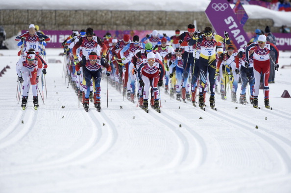 Athletes prepare to start in the men's skiathlon ©AFP/Getty Images