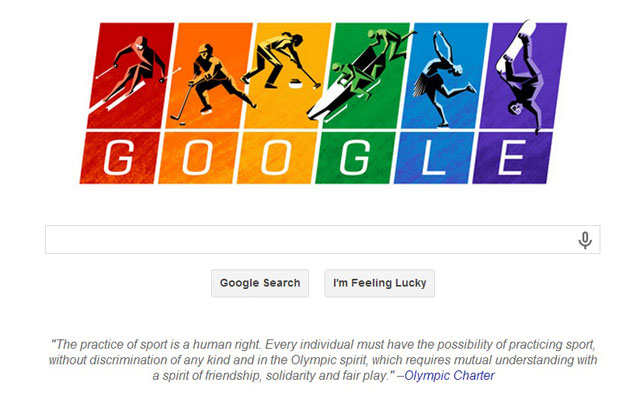 oogle marked Sochi 2014 by flying the gay flag in a search page Doodle that linked to a call for equality in the Olympic Charter ©Google