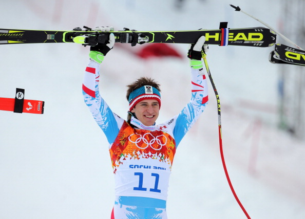Matthias Mayer celebrates after his downhill victory ©McClatchy-Tribune/Getty Images