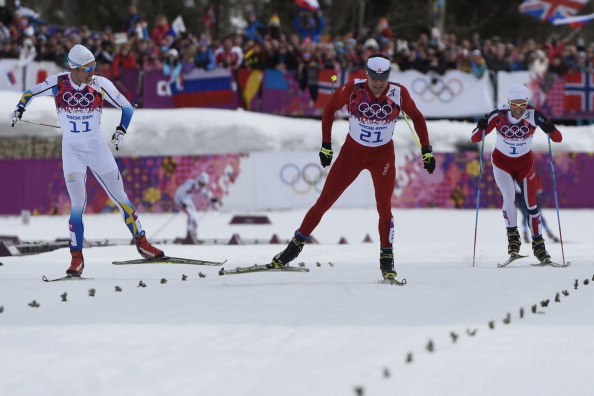 The battle for the finish in the men's cross country earlier on today ©AFP/Getty Images