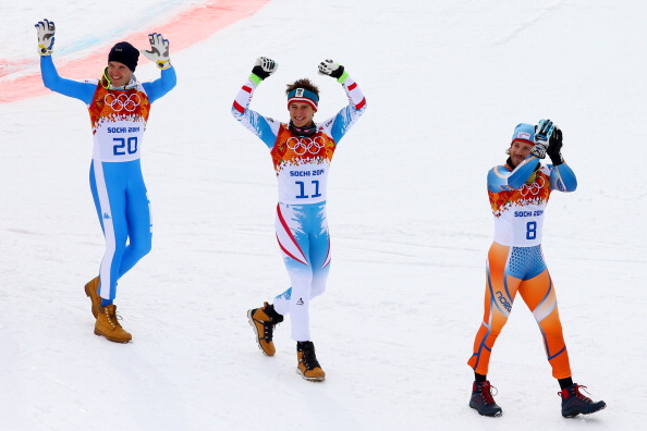 The three medal winners celebrate in the mens downhill ©Getty Images