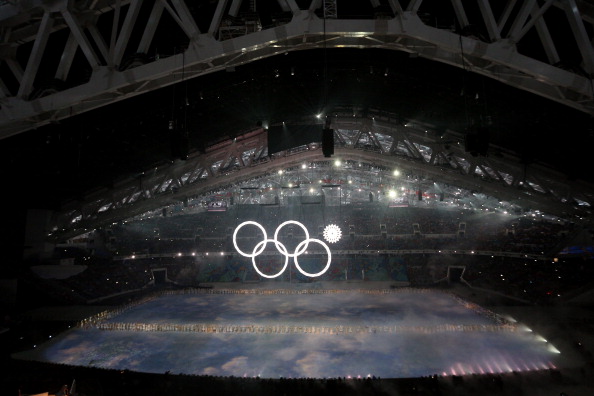 One of the Olympic rings, supposed to form out of snowflakes, fails to materialise ©Getty Images