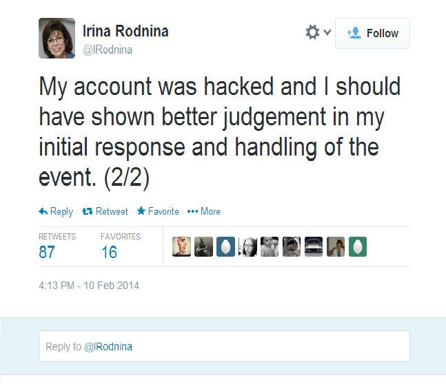 There were some sceptical responses to Rodnina's apology this evening ©Twitter