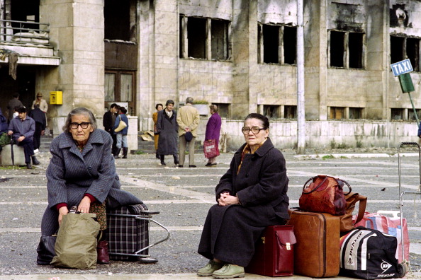 Sarajevo women await evacuation from the shelled city in November 1992 ©AFP/Getty Images