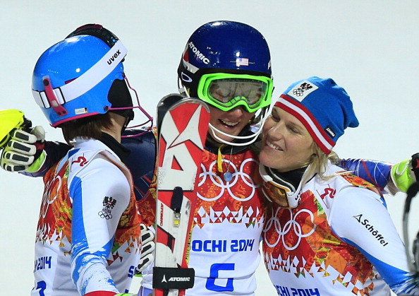 Olympic slalom champion Mikaela Shiffrin celebrates gold with fellow medallists Marlies Schild and Kathrin Zettel ©AFP/Getty Images