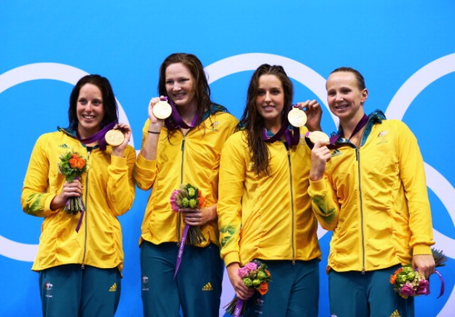 Alica Coutts, Cate Campbell, Brittany Elmslie, and Melanie Schlanger won Australia's only swimming gold medal at London 2012 in the 4x100m freestyle relay ©Getty Images