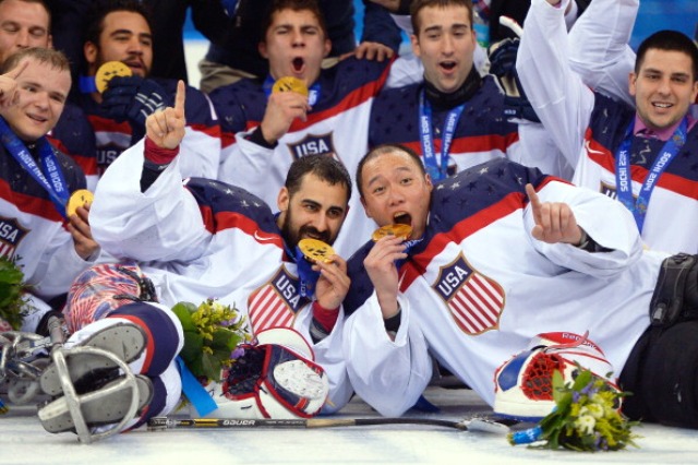 Back-to-back Paralympic champions the US ice sledge hockey players  lead the way in the team award ©Getty Images 
