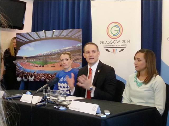 Eilidh Child (left), Glasgow 2014 chief executive David Grevemberg (centre) and Jessica Ennis-Hill speak about the athletics track today at Hampden Park ©ITG