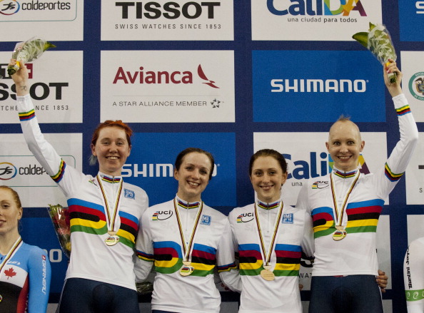 Elinor Barker (second from left) was part of the Great Britain team that won gold in the team pursuit at the 2014 UCI World Track Cycling Championships ©Getty Images